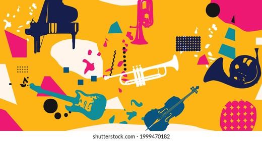 Music promotional poster with musical instruments colorful vector. Guitar, violoncello, piano, trumpet, French horn and euphonium design for live concert events, music festivals and shows, party flyer