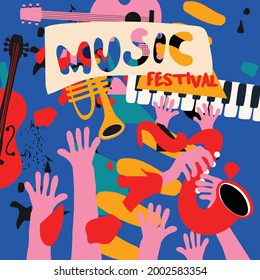 Music promotional poster with musical instruments colorful vector illustration. Violoncello, piano, trumpet, guitar, saxophone design for live concert events, music festivals and shows, party flyer