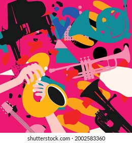 Music promotional poster with musical instruments colorful vector illustration. Piano, sax, trumpet, guitar, French horn, euphonium for live concert events, jazz music festivals and shows, party flyer