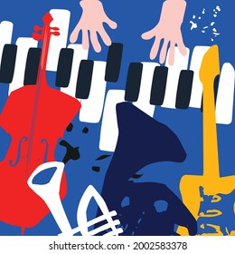 Music promotional poster with musical instruments colorful vector illustration. Violoncello, piano, trumpet, guitar, French horn for live concert events, jazz music festivals and shows, party flyer