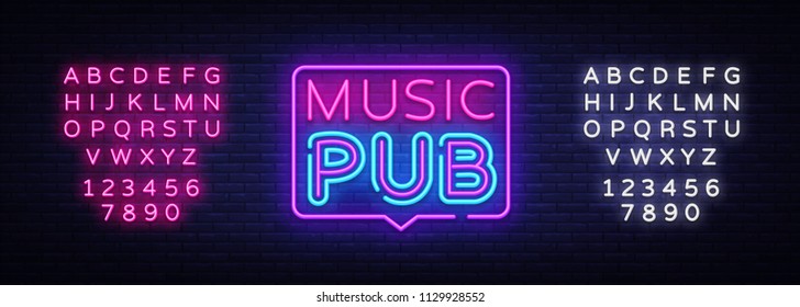 Music Pub neon sign vector. Live Music design template neon sign, light banner, neon signboard, nightly bright advertising, light inscription. Vector illustration. Editing text neon sign