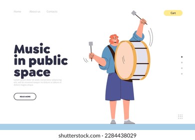 Music in public place landing page. Instrumental music festival event advertisement. Talented happy woman playing melody on bongo drum with drumsticks performing live concert vector illustration