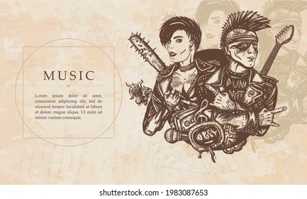 Music. Punks. Punker with mohawk hairstyle, guitarist. Renaissance background. Medieval manuscript, engraving art