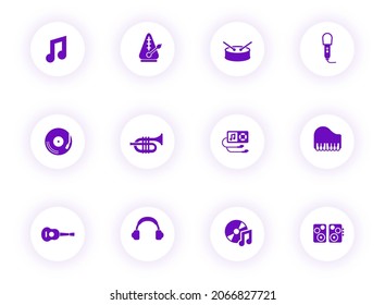 music purple color vector icons on light round buttons with purple shadow. music icon set for web, mobile apps, ui design and print