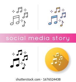 Music quarter notes icon. Playing melody. Harmonious sound. Musical signature. Acoustic tune. Symphony symbols. Pop band rhythm. Linear black and RGB color styles. Isolated vector illustrations