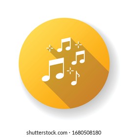 Music quarter notes yellow flat design long shadow glyph icon. Playing melody. Harmonious sound. Musical signature. Acoustic tune. Symphony symbols. Pop band rhythm. Silhouette RGB color illustration