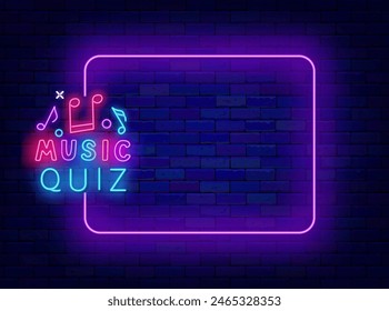 Musik-Quiz Neon Werbung. Fernsehmelodie Show und Spiel. Ratet mal das Trivia-Nachtplakat. Leerer violetter Rahmen und Typografie mit Noten. Komischer Wettkampf. Bearbeitbarer Strich. Vektorillustration