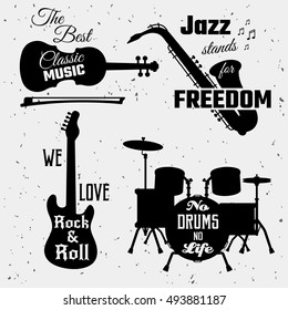 Music quotes monochrome collection with classic and modern instruments and sayings on texture background isolated vector illustration