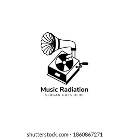 music radiation logo design template in black white style. monochrome doodle design. The idea is a combination of a gramophone with radiation symbol vinyl record. 
