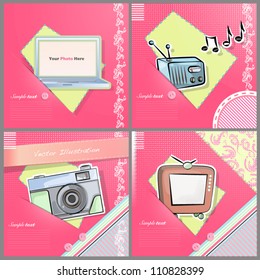 Music radio, camera, TV and computer on beautiful pink background texture. Collection of multiple vector images background illustration.