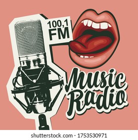 Music Radio FM Broadcasting Concept. Vector Banner In Retro Style For Music Radio Station With Microphone, Sexy Girls Lips And Inscription On Pink Background. Suitable For Poster, Advertising, Flyer