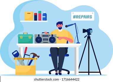 Music radio online streaming, male character broadcasting host isolated on white, flat vector illustration. Video blog repairing broadcast audio equipment, working repairman sit table.