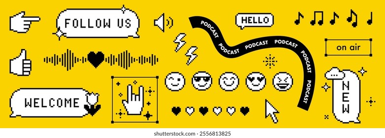 Music and radio podcasting vector set in pixel art. 8 bit sticker pack. Smile, speech bubble, music note and cool badge element. Game abstract elements. Y2k modern geometric shape for collage, poster