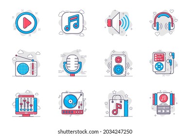 Music and radio station concept flat line icons set. Musical equipment and broadcasting. Bundle of volume, headphone, microphone, audio and other. Vector conceptual pack outline symbols for mobile app