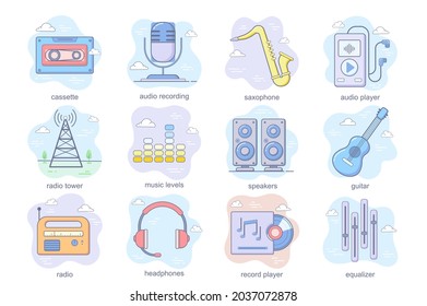 Juego de iconos planos de concepto de música y radio. Conjunto de cintas, audio, saxofón, niveles, guitarra, auriculares, ecualizador y otros. Símbolos de color del paquete conceptual del vector para la aplicación móvil