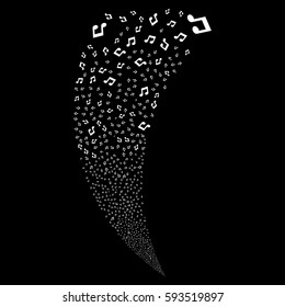 Music random fireworks stream. Vector illustration style is flat white iconic symbols on a black background. Object fountain made from scattered pictograms.