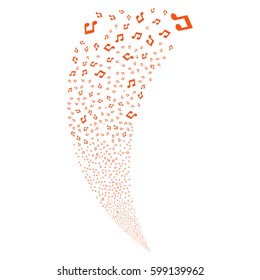 Music random fireworks stream. Vector illustration style is flat orange iconic symbols on a white background. Object fountain done from scattered pictograms.