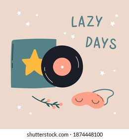 Registro de música y máscara de sueño.Plantilla para tarjeta de publicación.Interior acogedor.Plantilla para saludos, felicitaciones, invitaciones, pegatinas, icono vector. Leer los días perezosos. Ilustración plana del vector