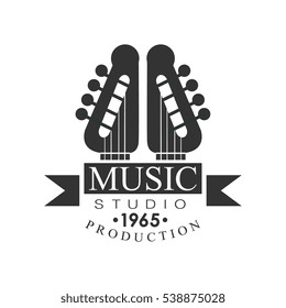 Music Record Studio Black And White Logo Template With Sound Recording Retro Guitar Pins
