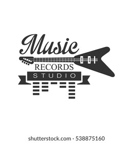 Music Record Studio Black And White Logo Template With Sound Recording Retro With Electro Guitar Silhouette