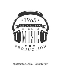 Music Record Studio Black And White Logo Template With Sound Recording Retro With Headphones Silhouette