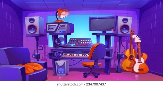 Music record studio booth room cartoon vector illustration. Audio and sound production equipment in producer workstation with armchair. Guitar, speaker, headphones and pro synthesizer on table