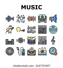 Music Record Studio Equipment Icons Set Vector. Compact Disc And Vinyl, Mp3 Player And Tape For Listening Music And Song In Headphones. Singer Singing In Microphone Color Illustrations