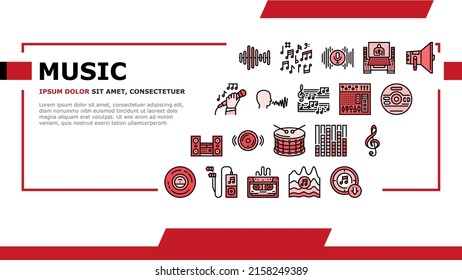 Music Record Studio Equipment Landing Web Page Header Banner Template Vector. Compact Disc Vinyl, Mp3 Player Tape For Listening Music And Song In Headphones. Singer Singing In Microphone Illustration
