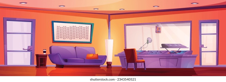 Music record studio production room cartoon vector illustration. Radio equipment with booth and window background. Broadcast recorder industry professional workstation interior scene with couch