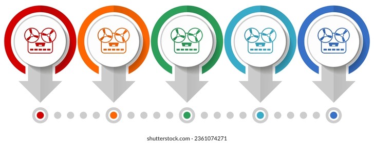Grabador de música, equipo de audio conjunto de iconos vectoriales, plantilla de infografía de diseño plano, establecer iconos de concepto de puntero en 5 opciones de color para diseño web y aplicaciones móviles