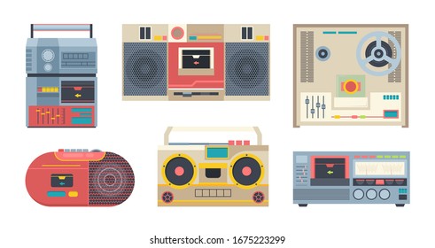 music recorders. retro 80s portable audio players for tape cassettes. vector colored flat illustration