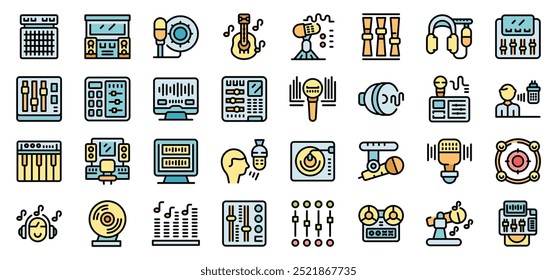 Music recording and audio equipment, microphones and musical instruments icons set in filled outline style