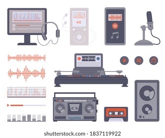 Music Recording And Broadcasting Equipment Set, Flat Vector Illustration Isolated On White Background. Modern Audio Devices Collection For Streaming Broadcast.