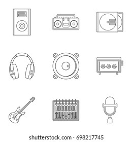 Music recording icon set. Outline style set of 9 music recording vector icons for web isolated on white background