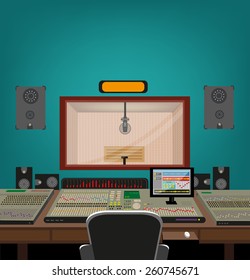 Music and Recording Industry. A window glass between Artist's Recording Booth and Engineer's Control Room with tools for capturing, mixing and mastering music. Editable Vector Illustration and jpg. 