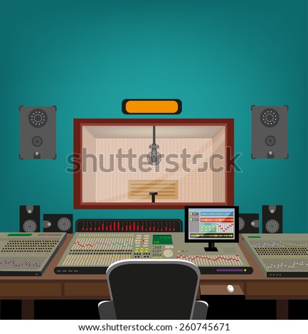 Music and Recording Industry. A window glass between Artist's Recording Booth and Engineer's Control Room with tools for capturing, mixing and mastering music. Editable Vector Illustration and jpg. 