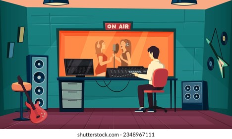 music recording studio. cartoon flat sound recording tools, guitar microphone, on air singers, music workstation. vector cartoon flat background.