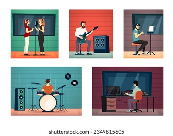 music recording studio. characters recording music, drums, vocal, cartoon flat sound recording tools, on air singers, music workstation. vector cartoon flat backgrounds