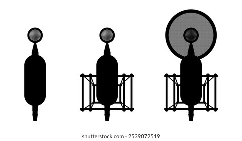 Musikaufnahme Studio Kondensator Mikrofon Silhouette Symbolsatz. Podcast und Sänger Stimme Aufnahme Mikrofon Symbol Silhouette Sammlung. Einzelne EPS-Abbildung