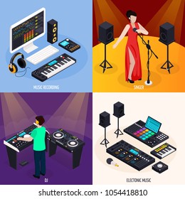 Music recording studio equipment isometric 2x2 design concept with professional audio workstations and musicians on stage vector illustration