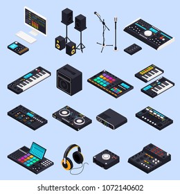 Music recording studio equipment isometric icons set with isolated images of professional audio devices speakers keyboards vector illustration