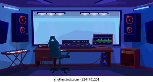 Music recording studio interior design. Empty radio room with audio equipment ready for broadcast. Song production workplace for a DJ or producer with a synthesizer. Cartoon style vector illustration.