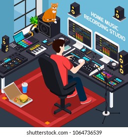 Music recording studio isometric composition with images of pro audio equipment in private environment home interior vector illustration