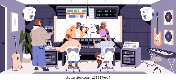 Music recording studio, production industry with sound engineer and singers in soundproof room, booth. Professionals with mixing desk, microphone, audio technology, equipment. Flat vector illustration