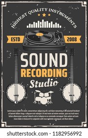 Music recording studio retro poster, musical instrument and equipment. Drum set, vinyl record player and banjo vintage banner with sound equalizer. Recording and audio production theme design