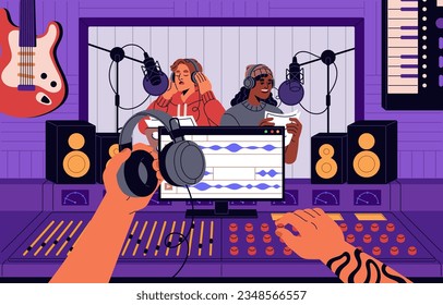 Music recording studio. Sound engineer at mixer console records song, voice at control room with equipment. Singer with microphone behind glass. Professional audio production. Flat vector illustration