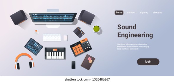 music recording studio sound engineering concept top angle view desktop monitor piano audio mixer headphones pro equipment office stuff horizontal