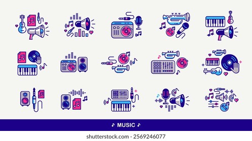 Music and recording studio vector detailed icons set, sound producing and audio engineering bundle, playing instruments.