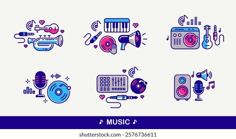 Music and recording studio vector detailed icons set, sound producing and audio engineering bundle, playing instruments.