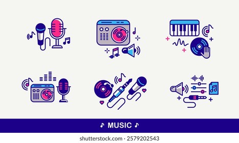 Music and recording studio vector detailed icons set, sound producing and audio engineering bundle, playing instruments.